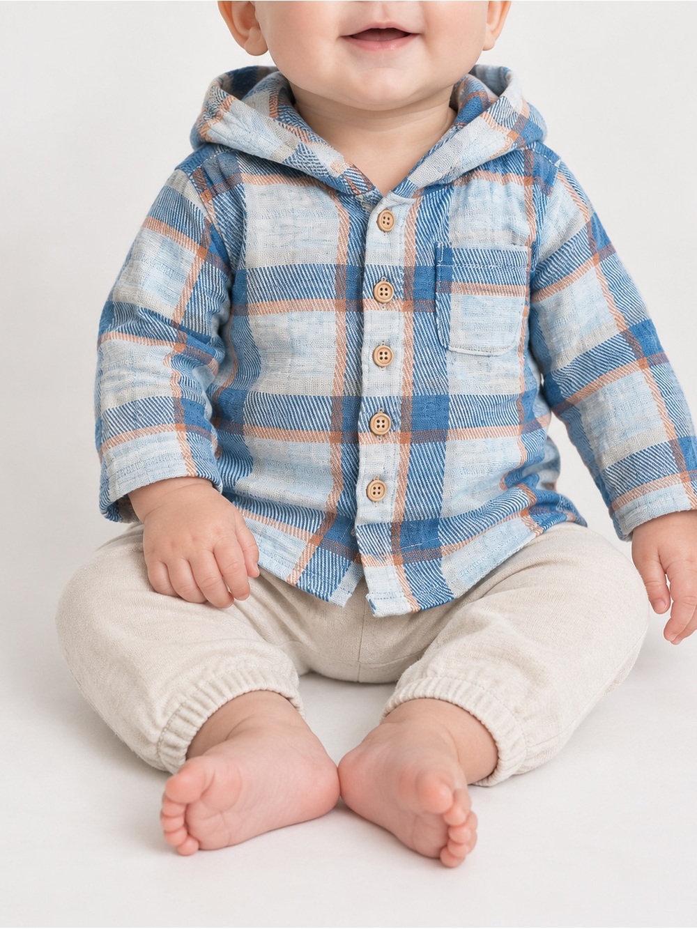 NWOT Baby Blue Plaid Hooded Button-Up Shirt